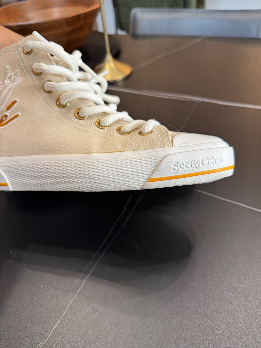 See By Chloé Cream High-Top Canvas Sneakers with Gold Script - Picture 6 of 12